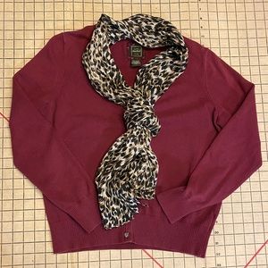 Eddie Bauer sweater and scarf, size M burgundy cardigan with leopard print scarf